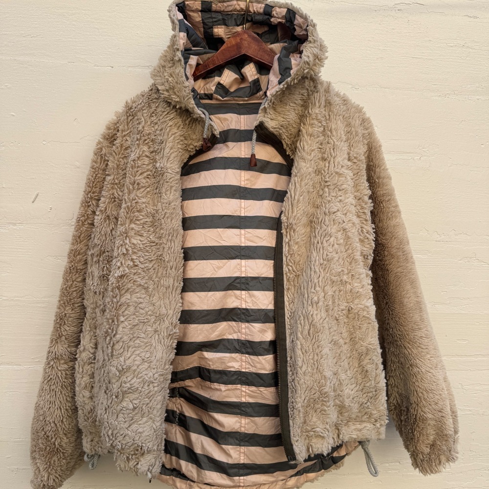 Bellerose Reversible Jacket Pink Grey Striped Faux Fur Fleece Hooded Apache READ
